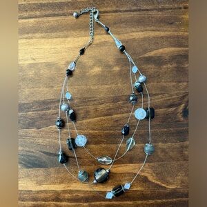 3 Strand Black, Silver and White Glass Bead Necklace